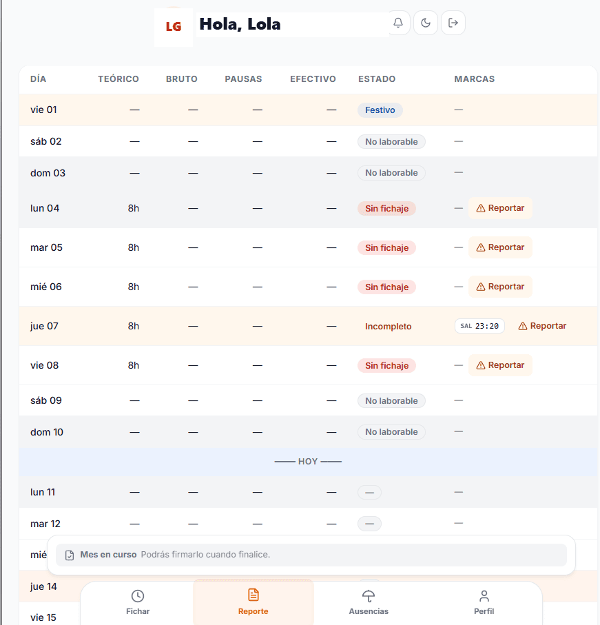 Móvil del empleado fichando