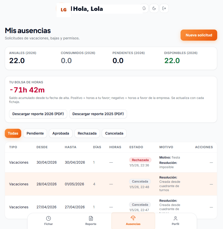 Ausencias y vacaciones en móvil